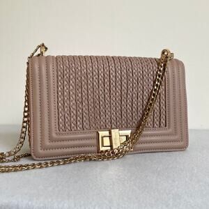 Lulus Braided Crossbody Shoulder Bag Beige Brown Gold Chain Strap Structured